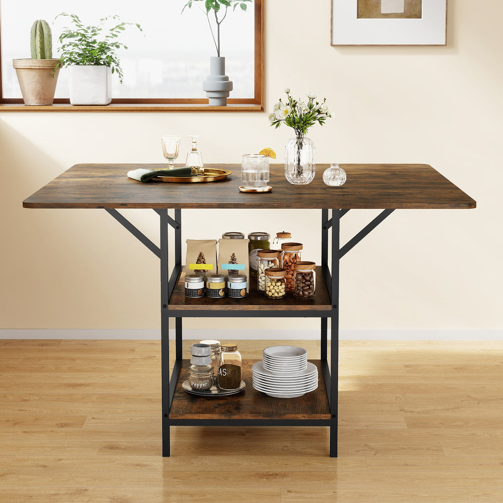 47-inch rectangular dining table in rustic brown with sturdy metal legs and two open storage shelves for 4-6 people.
