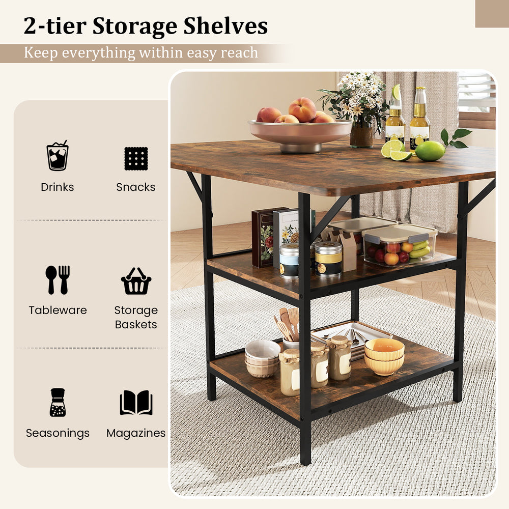47-inch rectangular dining table in rustic brown with 2 open storage shelves, perfect for dining and organization.