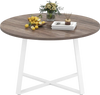 Round 47-inch dining table with a natural wood-grain surface and stable X-shaped base, ideal for dining rooms and.