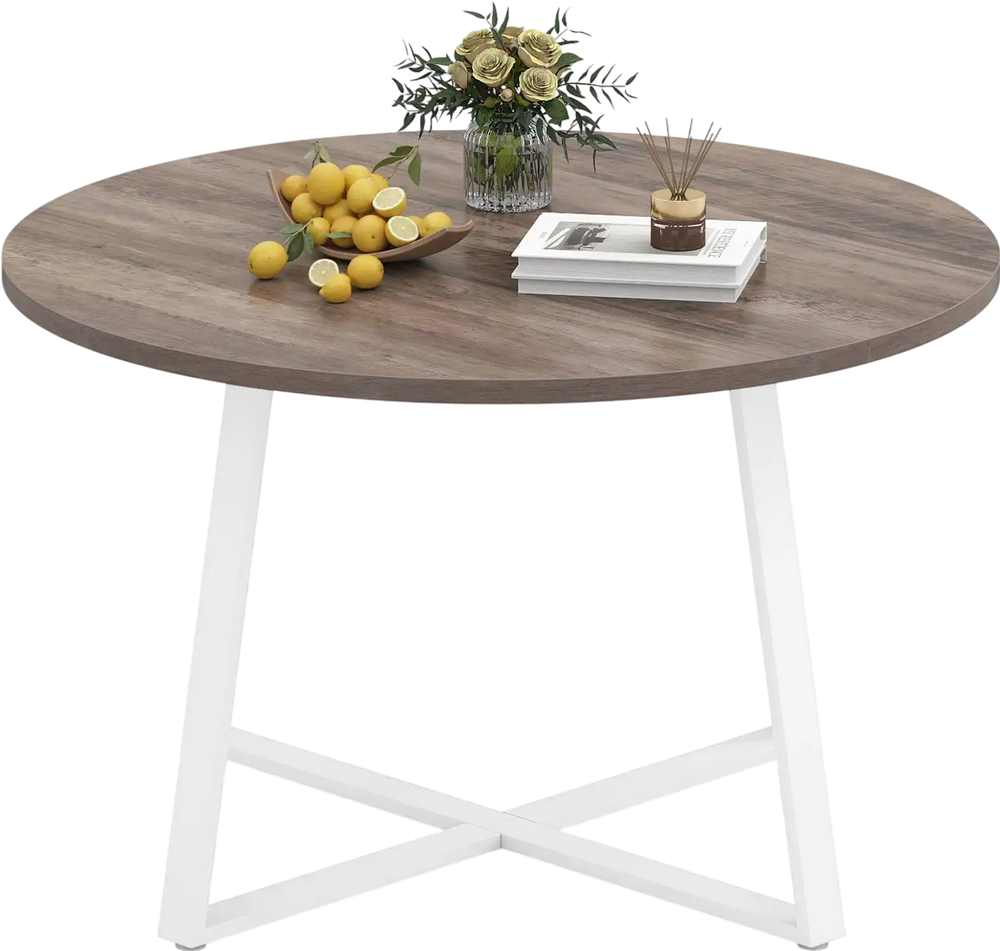 Round 47-inch dining table with a natural wood-grain surface and stable X-shaped base, ideal for dining rooms and.