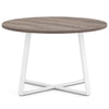Round 47-inch dining table with a thickened wood-grain surface and stable X-shaped base, ideal for various settings.