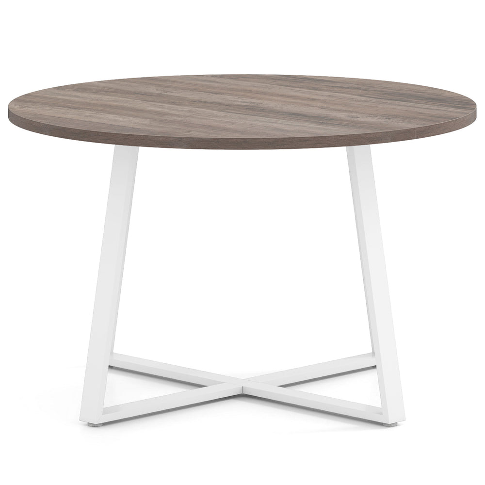 Round 47-inch dining table with a thickened wood-grain surface and stable X-shaped base, ideal for various settings.
