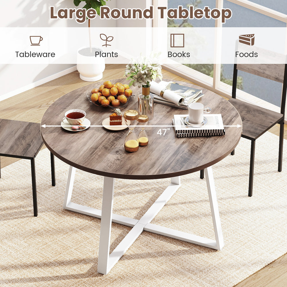 Round 47-inch dining table with a natural wood-grain surface and stable X-shaped base, ideal for dining and living.