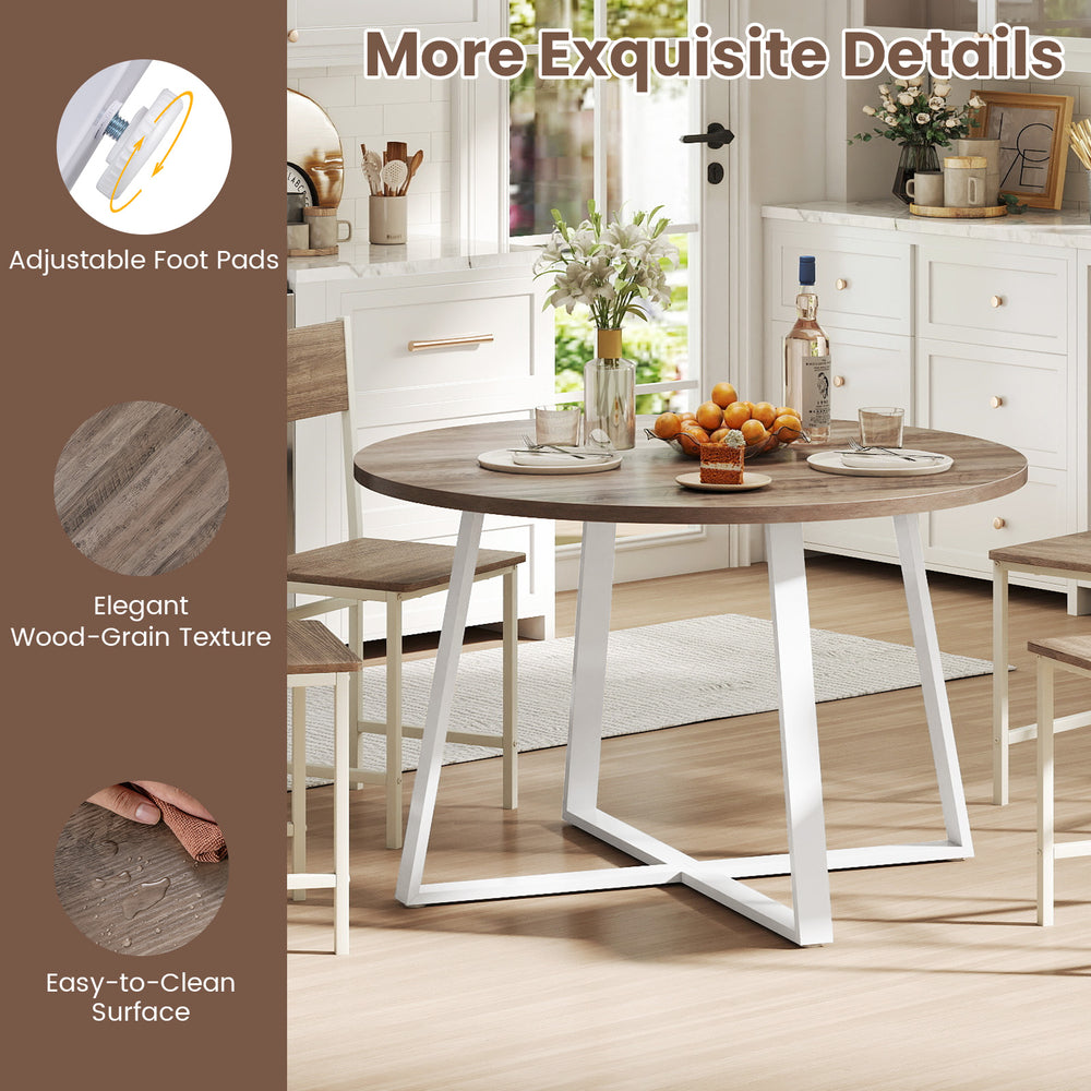Round 47-inch dining table with elegant wood-grain texture and stable X-shaped base, ideal for various settings.