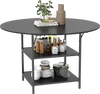 Round black dining table with 2-tier storage shelves, seating 4-6 people, ideal for kitchen or breakfast nook.