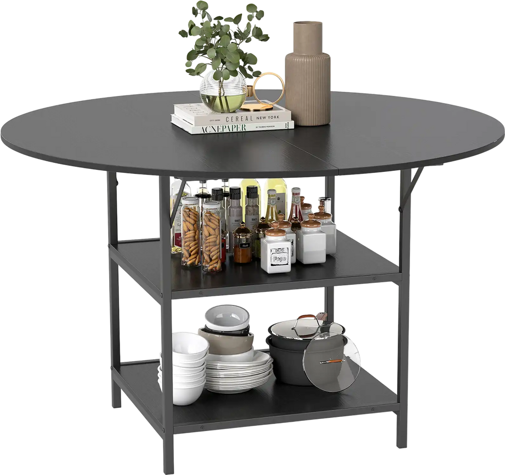 Round black dining table with 2-tier storage shelves, seating 4-6 people, ideal for kitchen or breakfast nook.