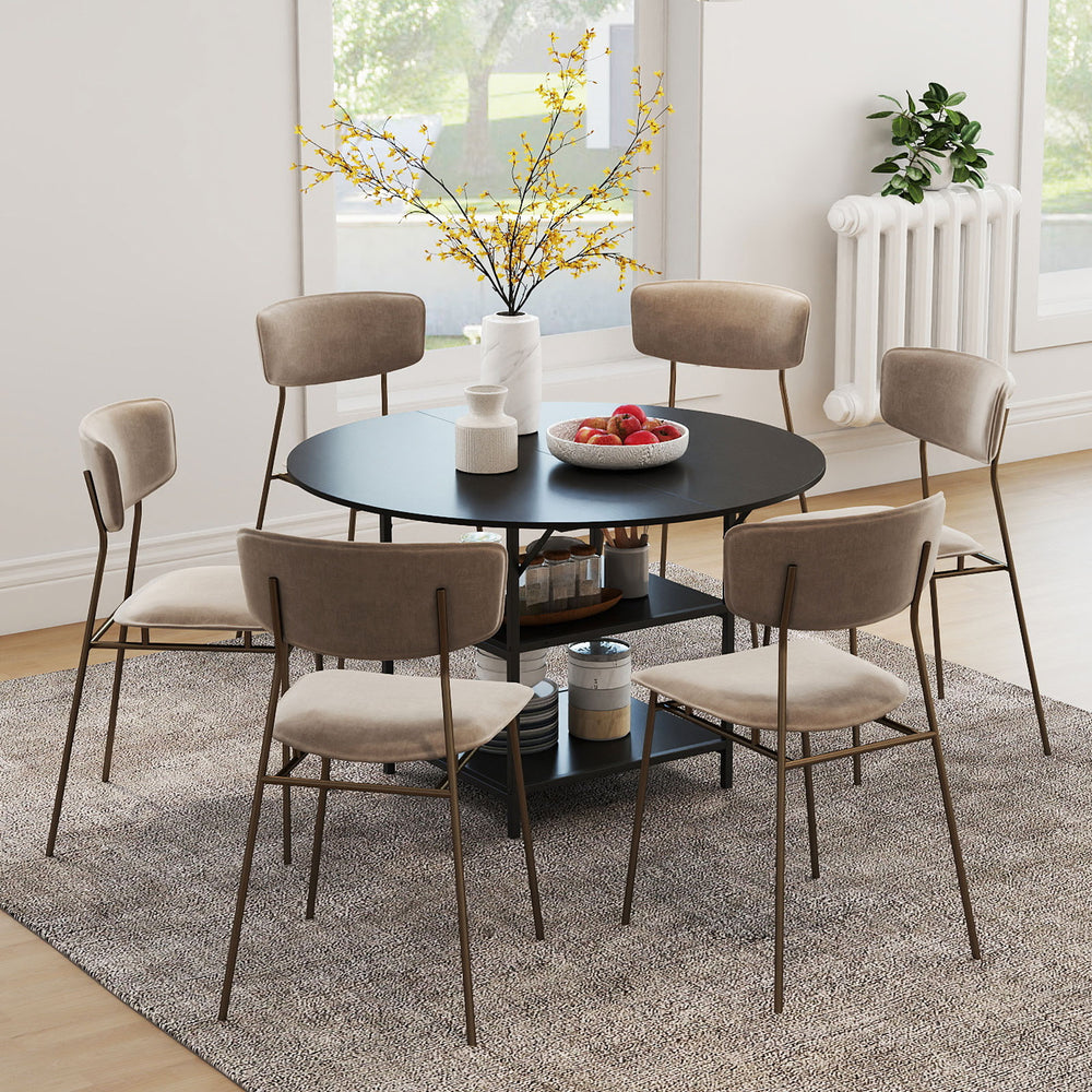 Elegant arrangement of a round dining table with a spacious top, complemented by six upholstered chairs in a modern.
