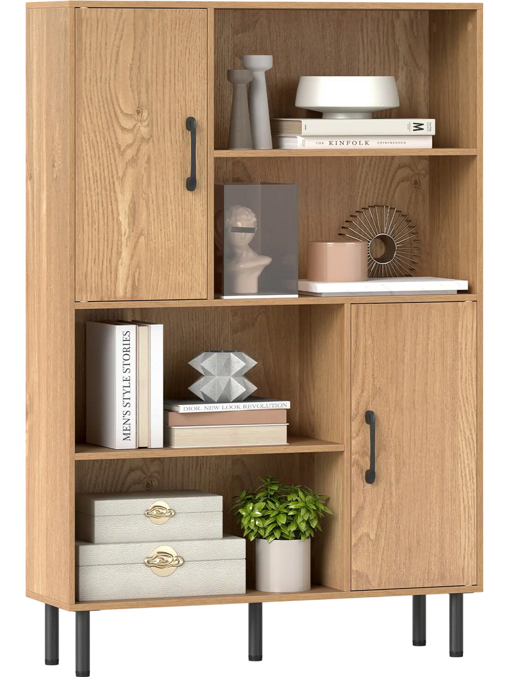 Freestanding 47-inch natural storage cabinet with 2 doors and 4 open shelves, perfect for organizing books and decor.