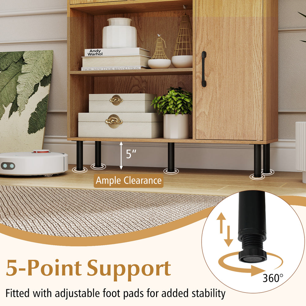 47-inch storage cabinet with 5-point support and adjustable foot pads, featuring ample clearance for robot vacuums.