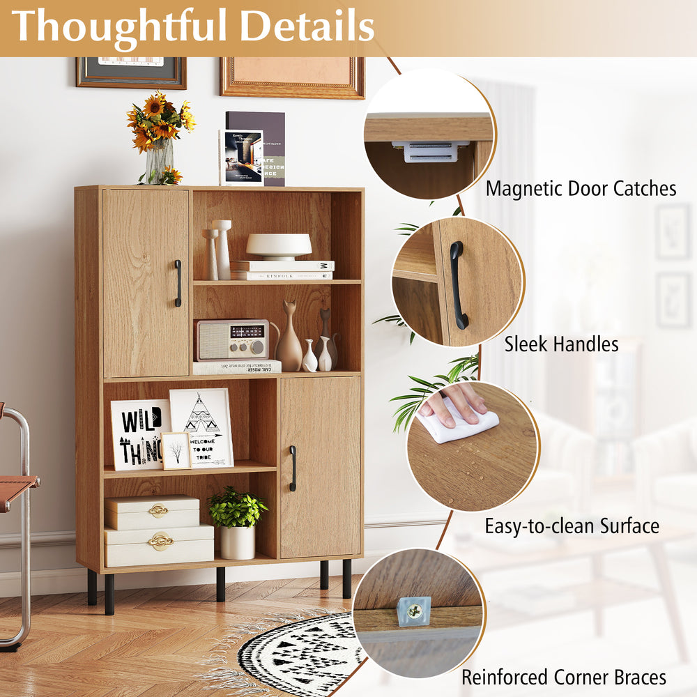 Natural wood 47-inch storage cabinet showcasing magnetic door catches and sleek handles for easy access and.