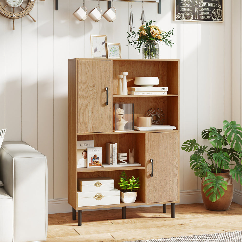 47 Inch Storage Cabinet Freestanding Bookcase with 2 Doors and 4 Open Shelves-Natural - Gallery View 1 of 10