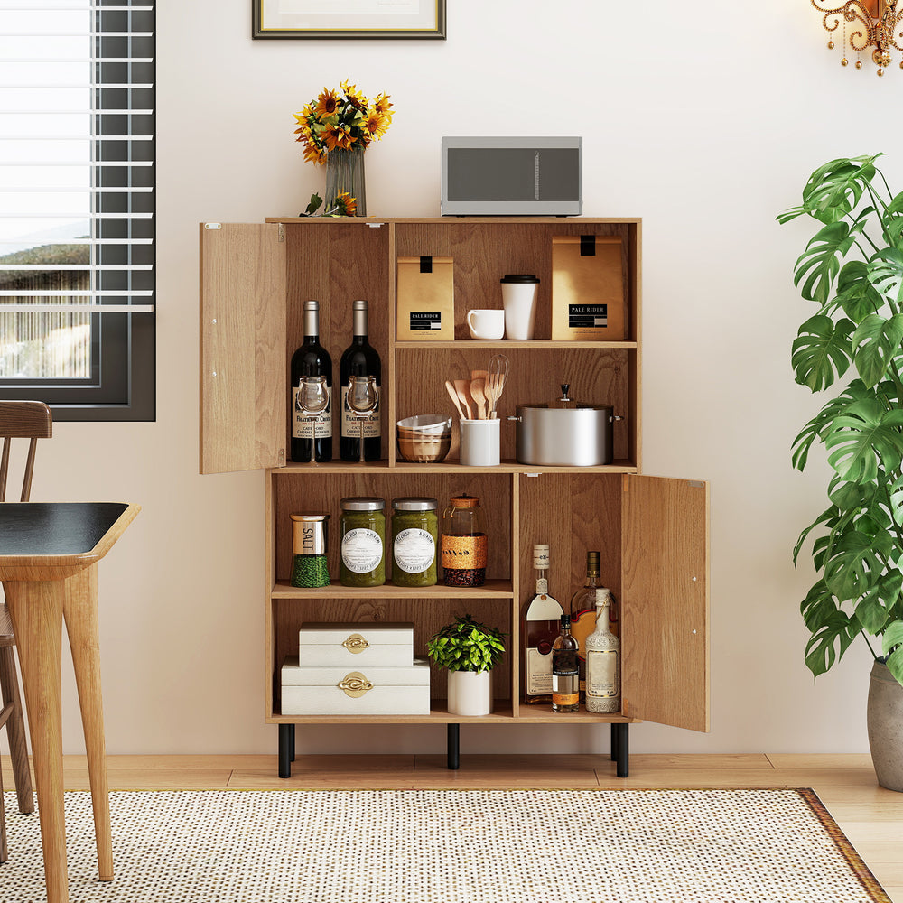 Natural wood 47-inch storage cabinet displaying wine bottles and kitchenware, enhancing organization in any space.