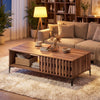 Mid-century walnut coffee table with open compartment and stylish fence door, perfect for living room organization.