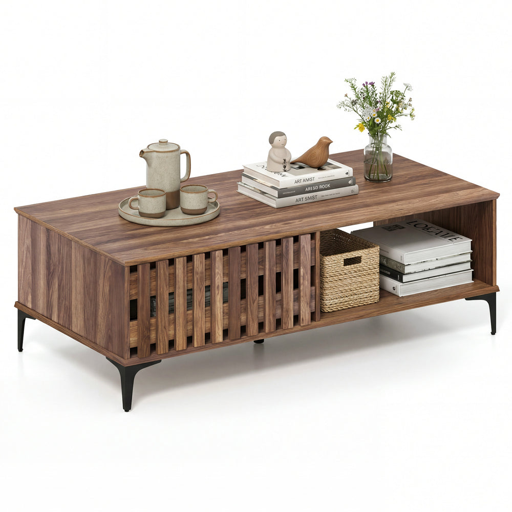 Mid-century walnut coffee table with spacious tabletop, open compartment, and stylish fence door for versatile living.