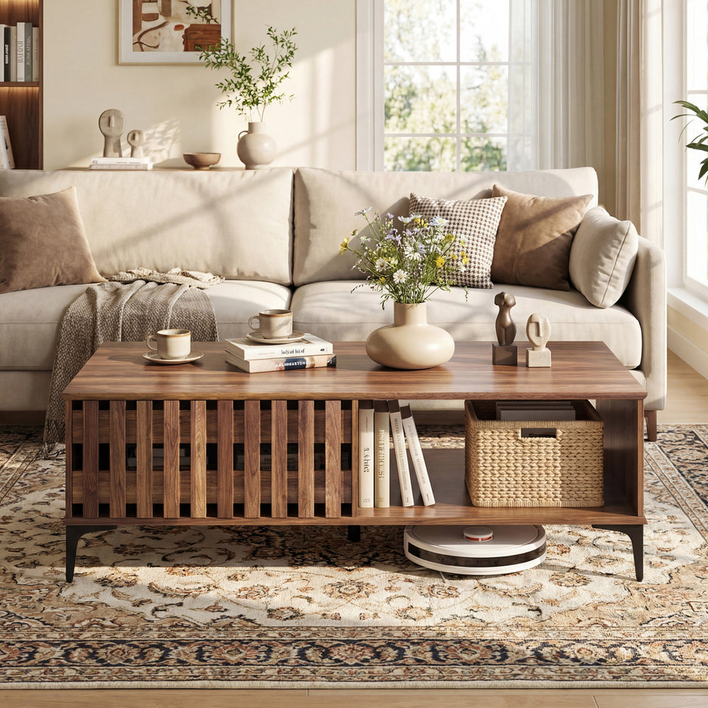 Walnut coffee table showcasing a warm wood-like surface and elegant fence doors, ideal for stylish living room decor.