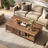 Mid-century walnut coffee table with spacious top, open compartment, and stylish fence door for living room use.