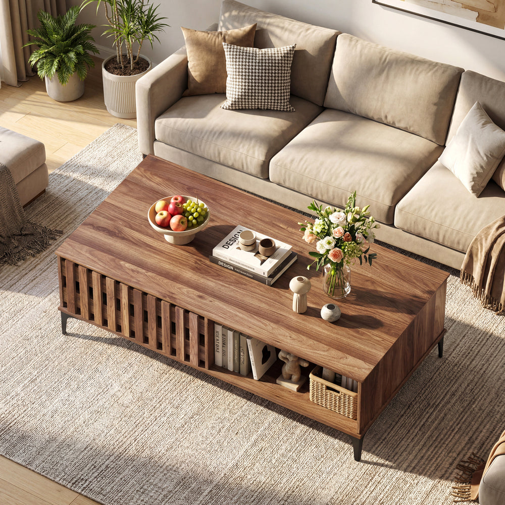 Mid-century walnut coffee table with spacious top, open compartment, and stylish fence door for living room use.