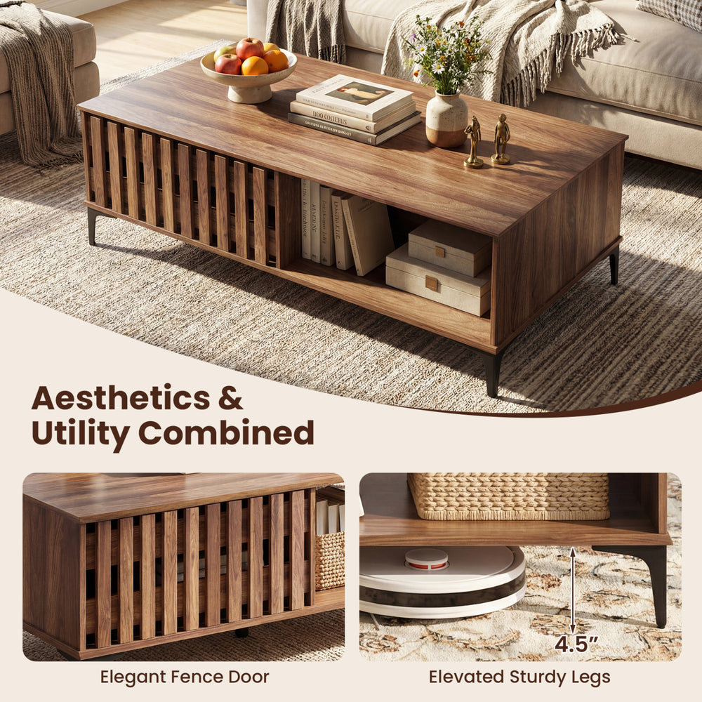 Mid-century walnut coffee table with elegant fence door, spacious top, and 4.5" elevated legs for easy cleaning.