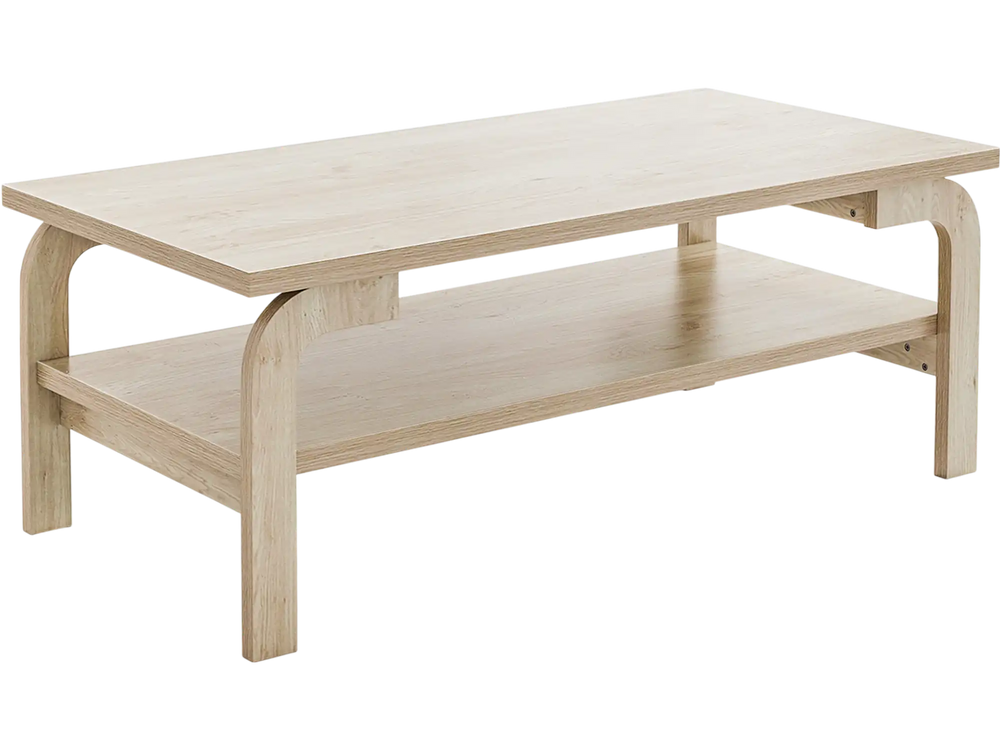 Rectangular 47-inch natural wood coffee table with open shelves, perfect for living room gatherings and stylish decor.