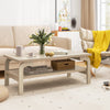 Rectangular 47-inch natural wood coffee table with open shelves, ideal for living room gatherings and stylish decor.
