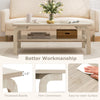 Accent rectangular coffee table in natural finish with thickened boards and open shelves, perfect for living room.
