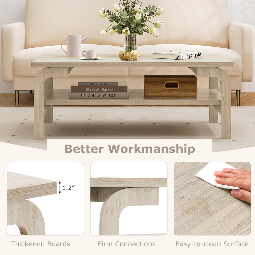 Accent rectangular coffee table in natural finish with thickened boards and open shelves, perfect for living room.