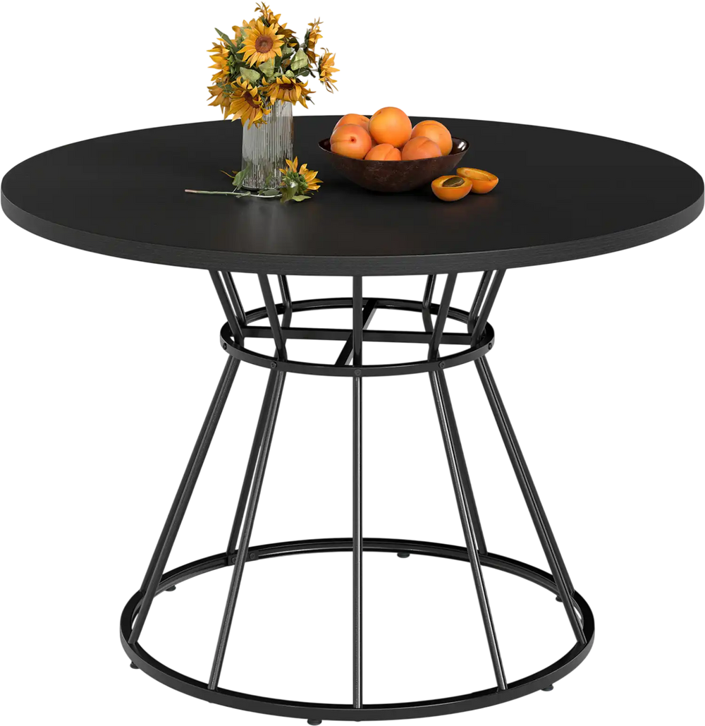 Round dining table with a black wooden tabletop and metal base, ideal for 4-6 persons in modern kitchens or dining.