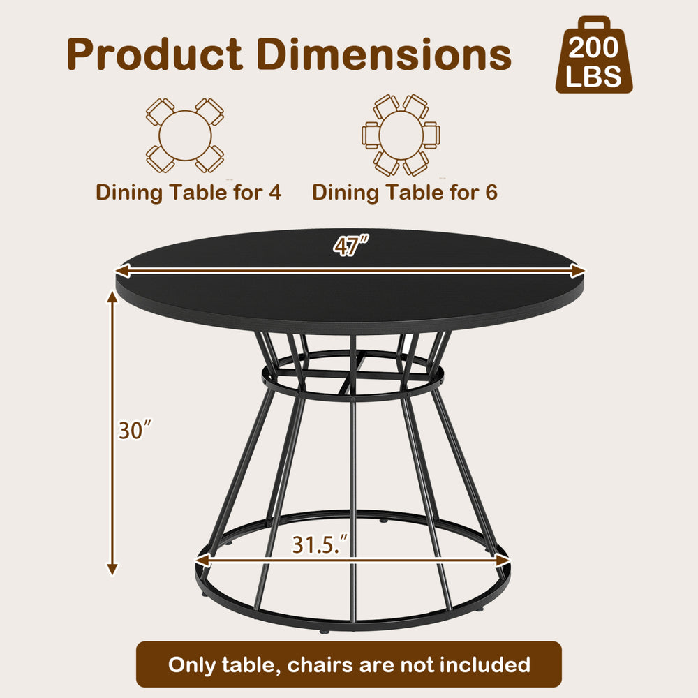 Round 47-inch dining table with black wooden tabletop and metal frame, seats 4-6, ideal for kitchens and gatherings.