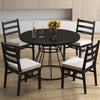 Round 47-inch black dining table with wooden tabletop and four chairs, perfect for kitchen or dining room gatherings.