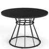 Round 47-inch black dining table with wooden tabletop and metal frame, ideal for 4-6 persons in modern settings.