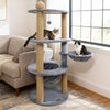 Cat tower with cozy nest and scratching posts in gray, featuring multiple levels for relaxation and play.