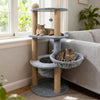 Cat tower with cozy nest and scratching posts in gray, featuring a spacious top perch for relaxation and play.