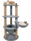 Cat tower with spacious top perch, cozy nest, and scratching posts in gray for relaxation and play.