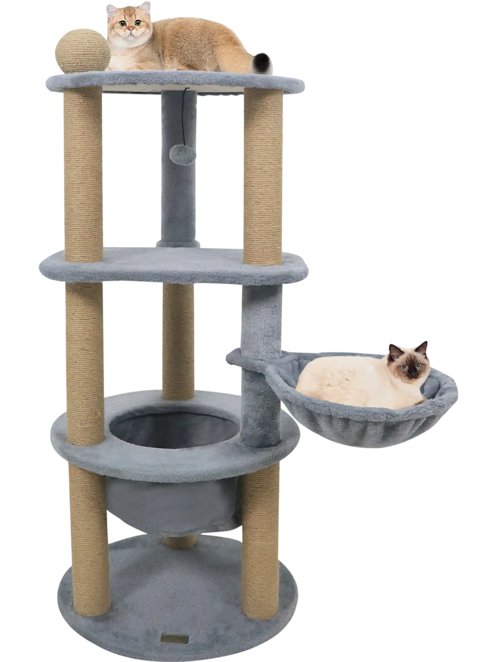 Cat tower with spacious top perch, cozy nest, and scratching posts in gray for relaxation and play.