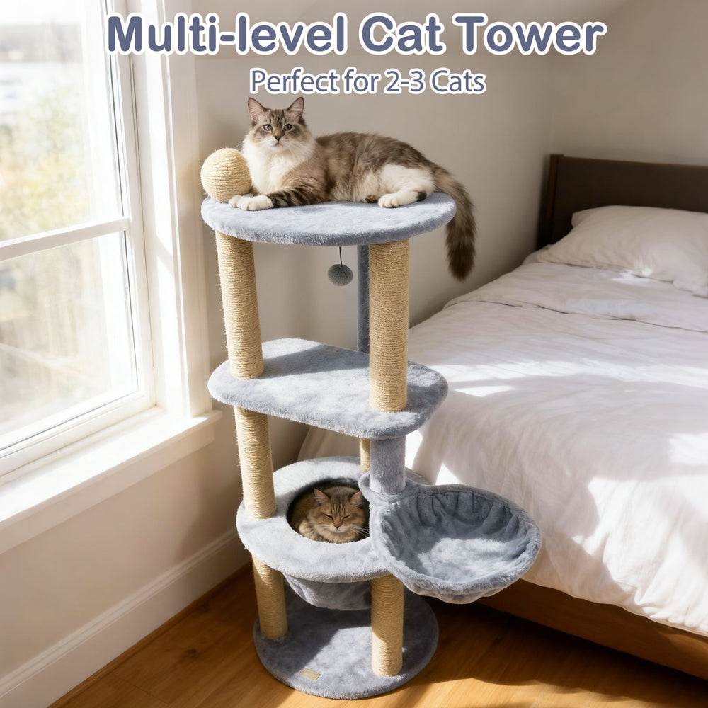 Multi-level cat tower with cozy nest and scratching posts, perfect for 2-3 cats, in soft gray fabric for comfort.