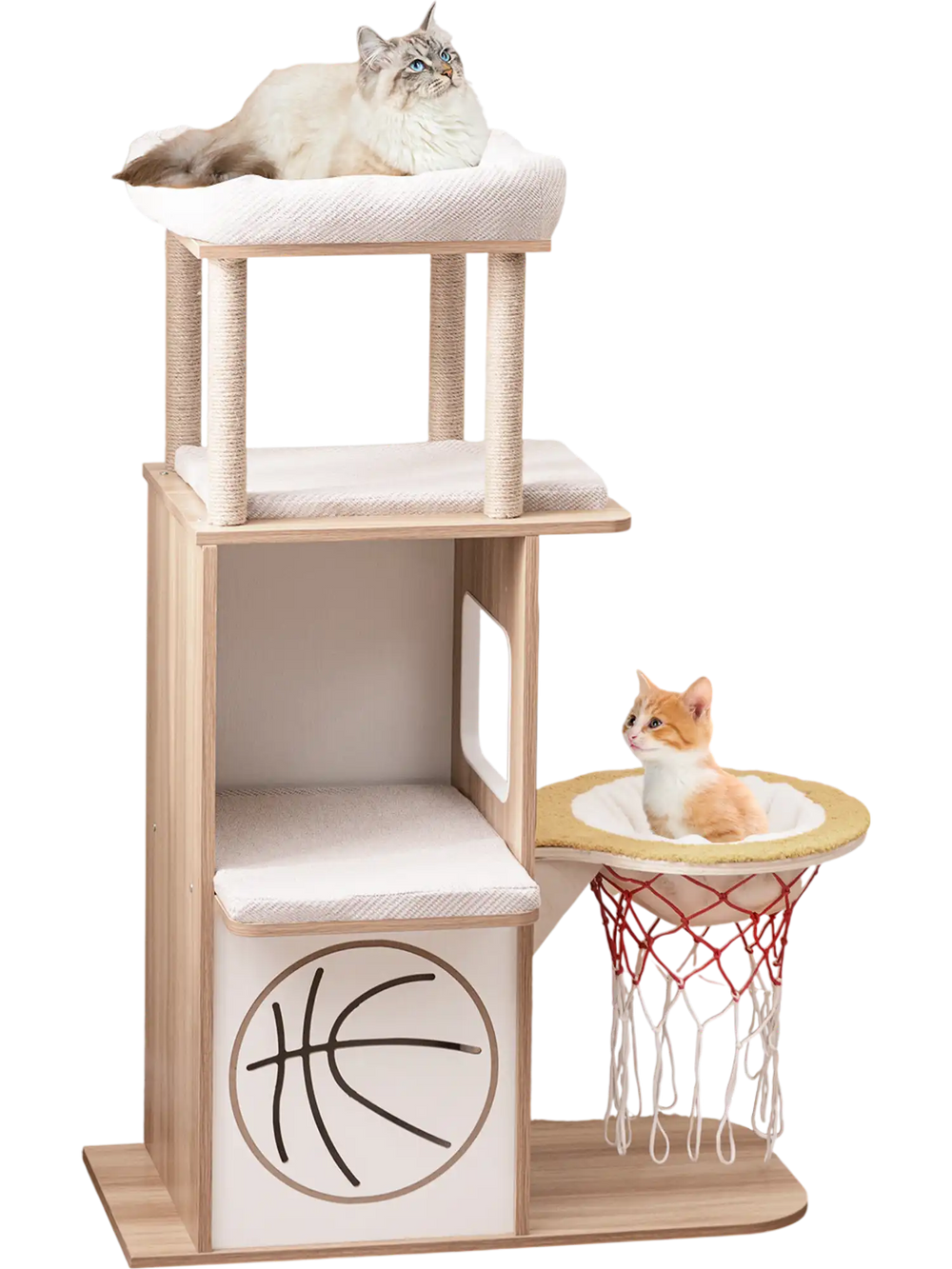 Wooden cat tree with 2-story condo and basketball hoop hammock, featuring soft cushions and jute scratching posts.