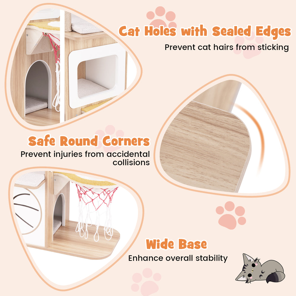 Wooden cat tree with 2-story condo, basketball hoop hammock, and safe round corners for pet-friendly play and.