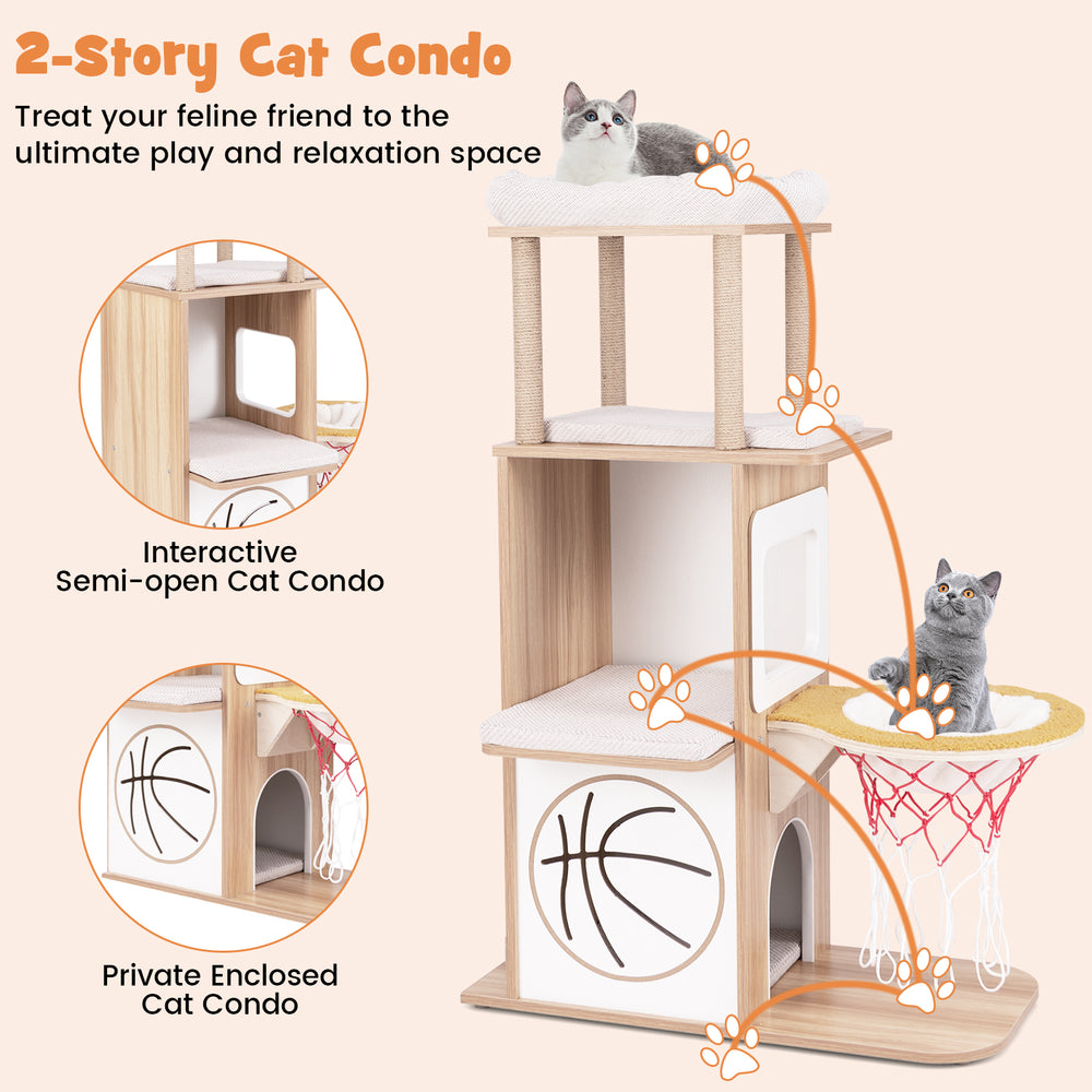 2-story wooden cat condo with basketball hoop hammock, featuring soft cushions and jute scratching posts for playful.