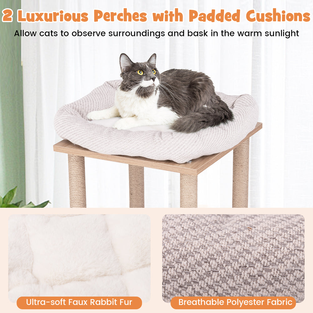 Two luxurious padded perches on a wooden cat tree, featuring soft faux rabbit fur cushions for ultimate feline comfort.