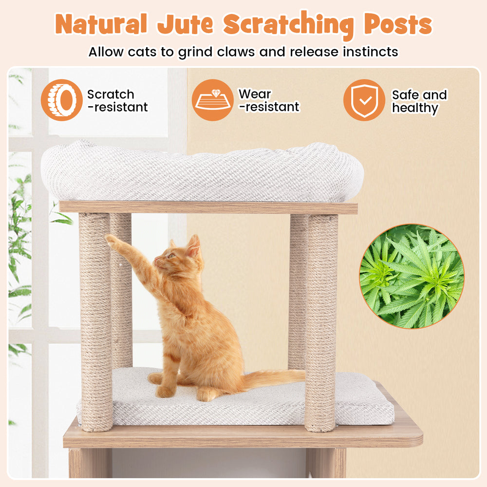 Wooden cat tree with 2-story condo, jute scratching posts, and cozy hammock for playful and relaxed cats.