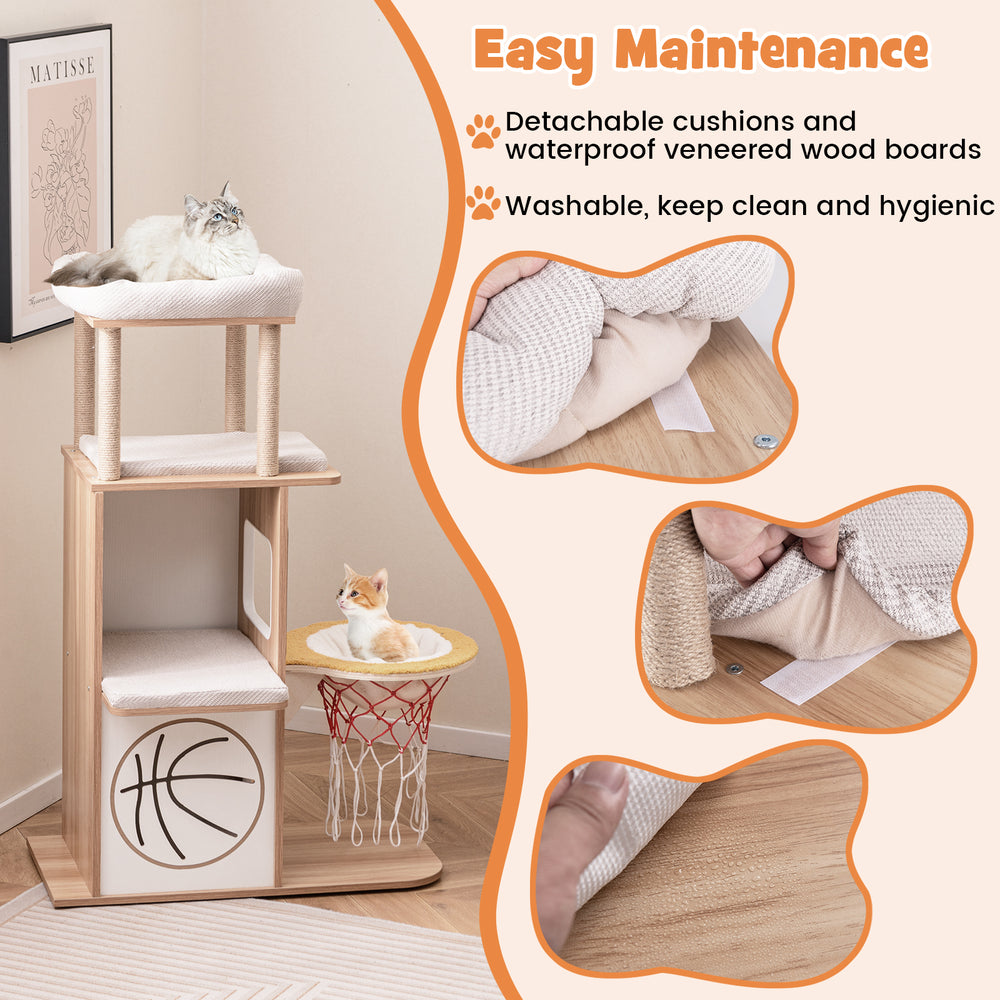 Wooden cat tree with 2-story condo, basketball hoop hammock, and removable, washable cushions for easy maintenance.