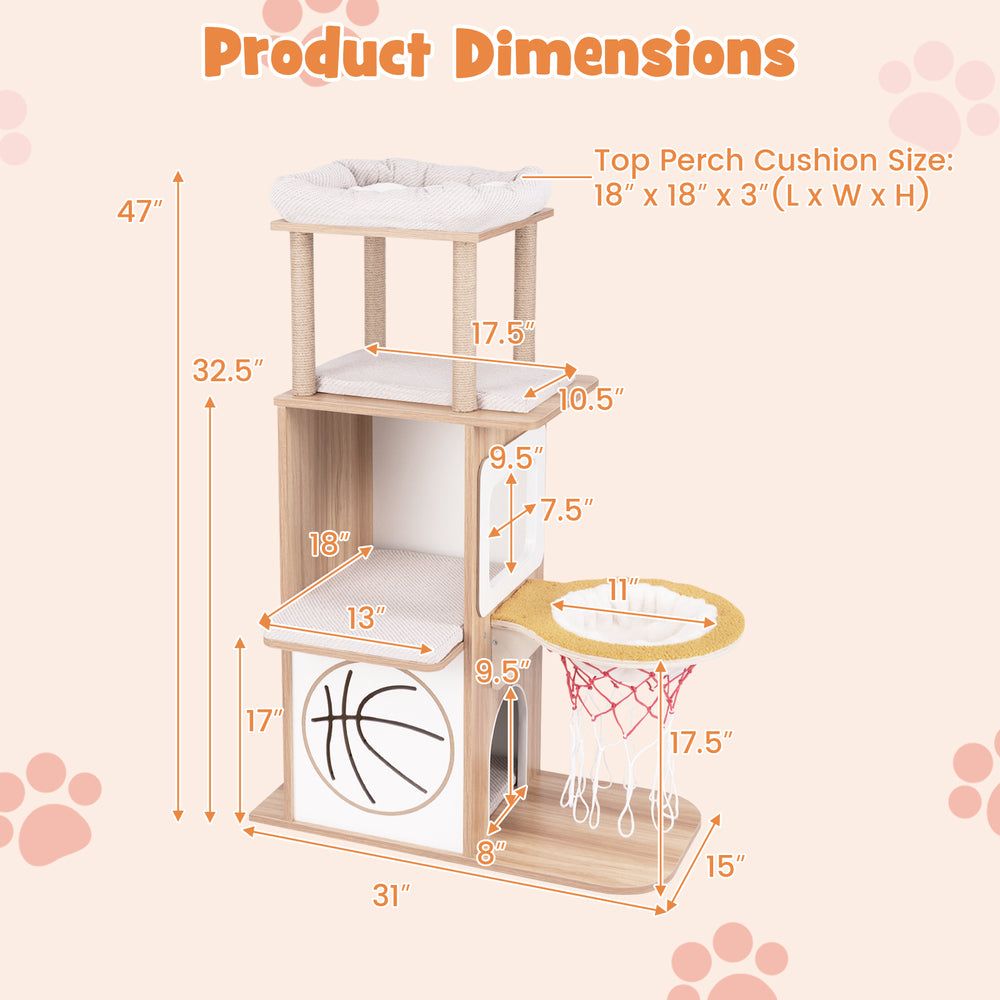 47-inch wooden cat tree with 2-story condo, basketball hoop hammock, and detachable faux fur cushions for playful.