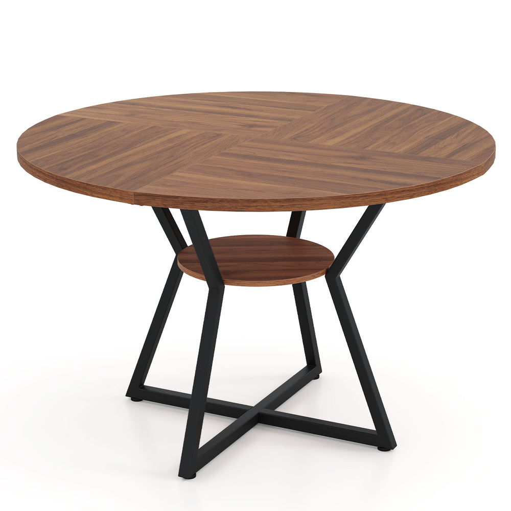 Round 47" dining table with a brown MDF top and metal frame, featuring a storage shelf for convenience and style.