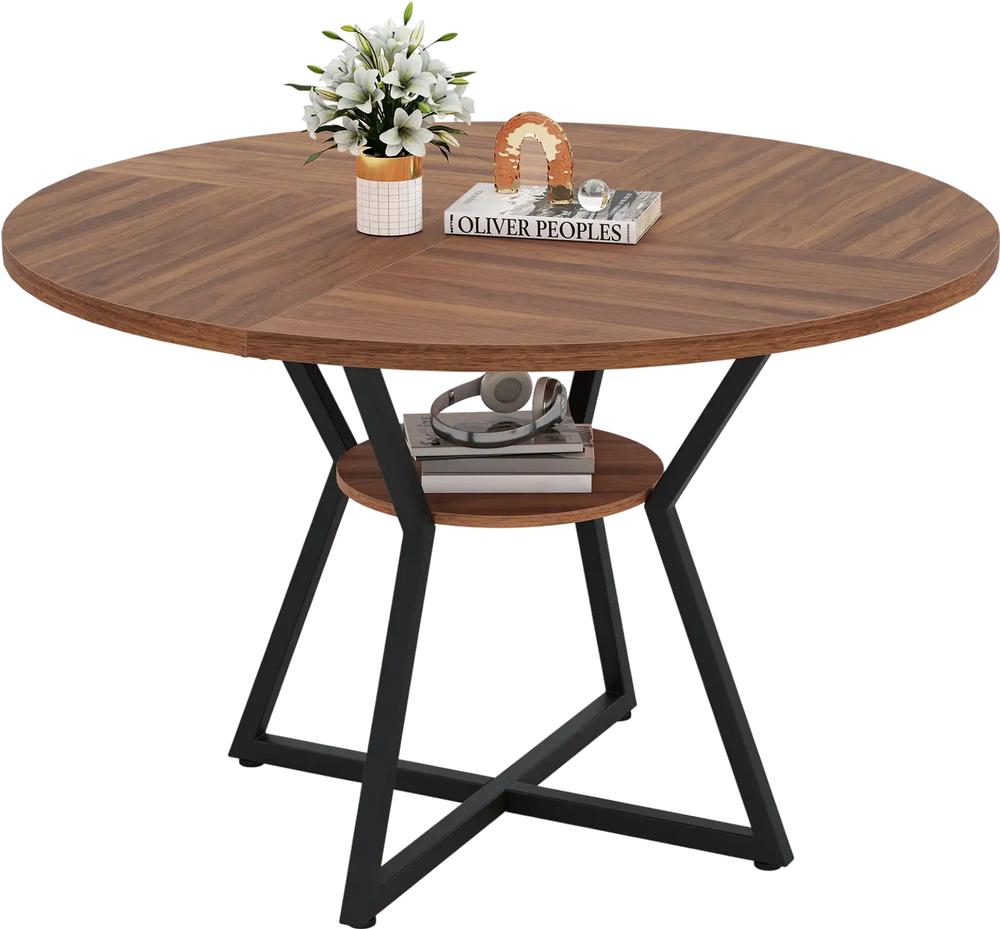 Round 47" dining table in brown with a storage shelf, featuring a sturdy metal frame for modern dining spaces.