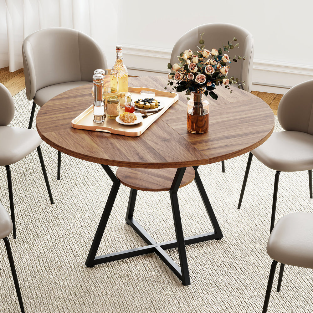 Round 47" dining table with a brown MDF top and metal frame, featuring a storage shelf, ideal for dining or events.