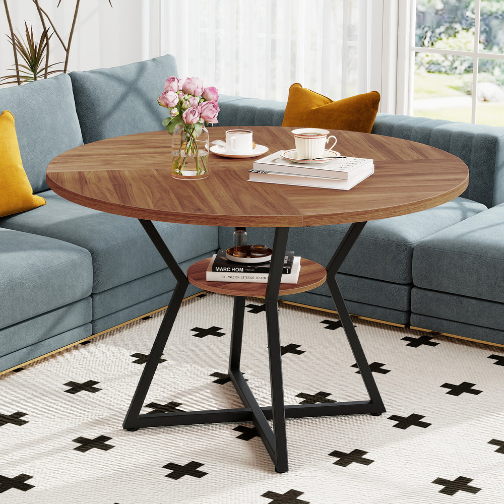 Round 47" dining table in brown with a storage shelf, featuring a sturdy metal frame and elegant design for versatile.