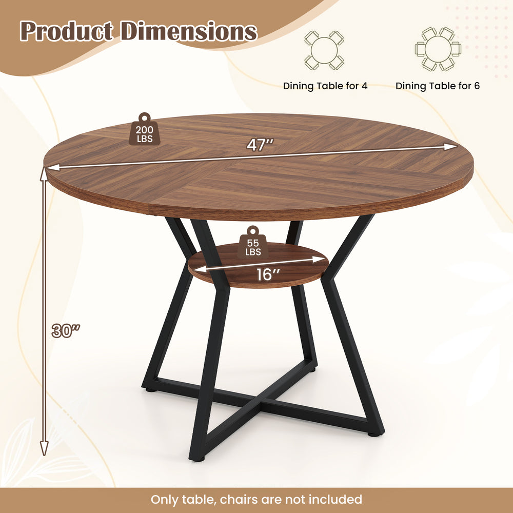47" round dining table with a brown MDF top and metal frame, featuring a storage shelf for easy access to essentials.