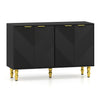 Black 47" sideboard buffet cabinet with chevron fluted doors, gold legs, and adjustable shelves for versatile storage.