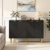 Black 47" sideboard buffet cabinet with chevron fluted doors, adjustable shelves, and gold metal legs for versatile storage.