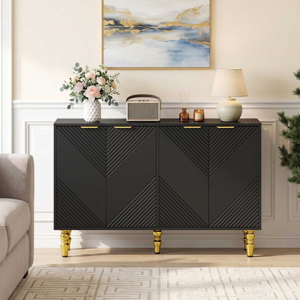 Black 47" sideboard buffet cabinet with chevron fluted doors, adjustable shelves, and gold metal legs for versatile storage.